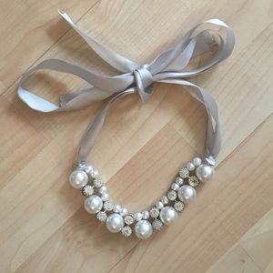 Faux Pearl & Rhinestone Tie Neck Ribbon Necklace